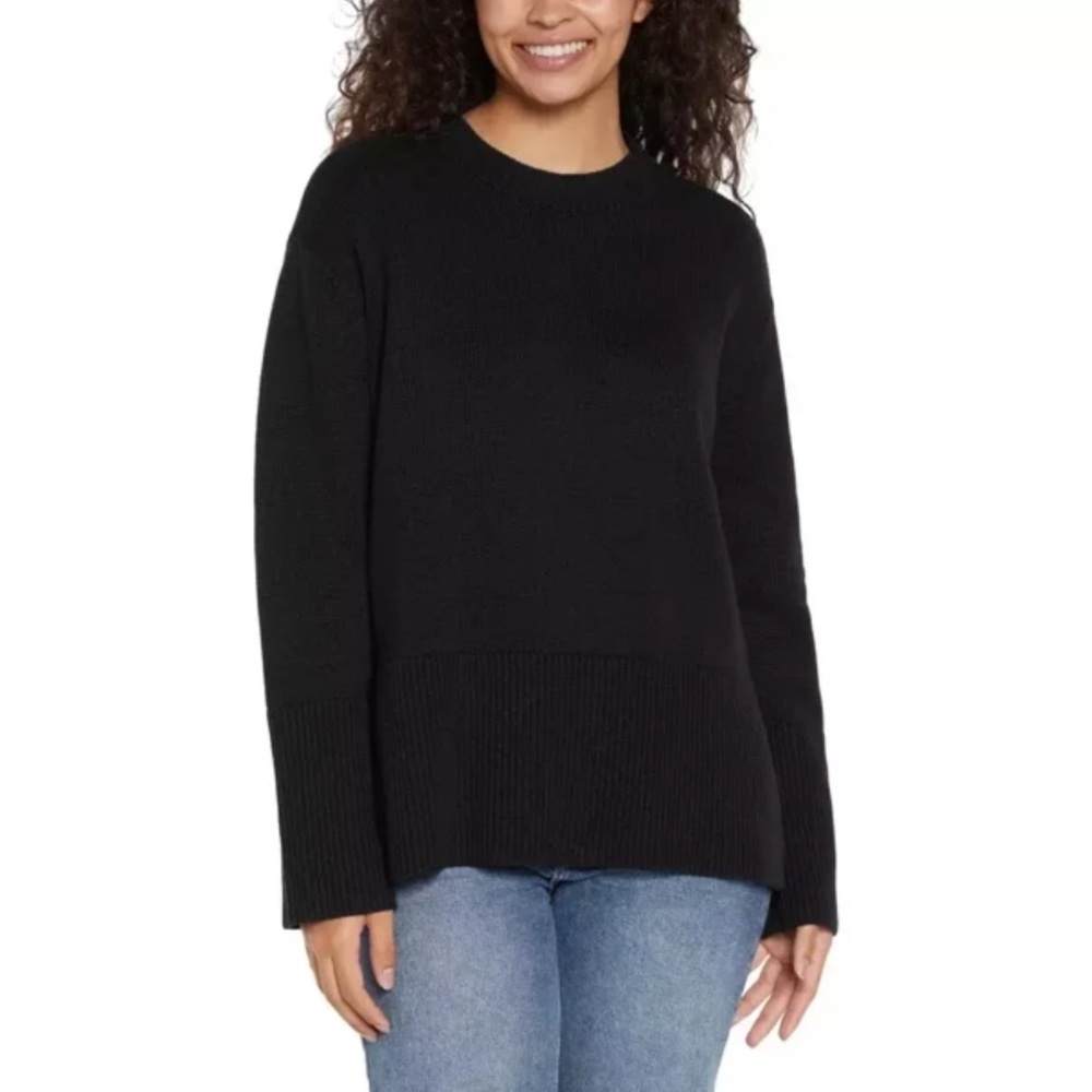 GAP Womens Crewneck Knit Sweater with Side Slits 100% Cotton Black SM
